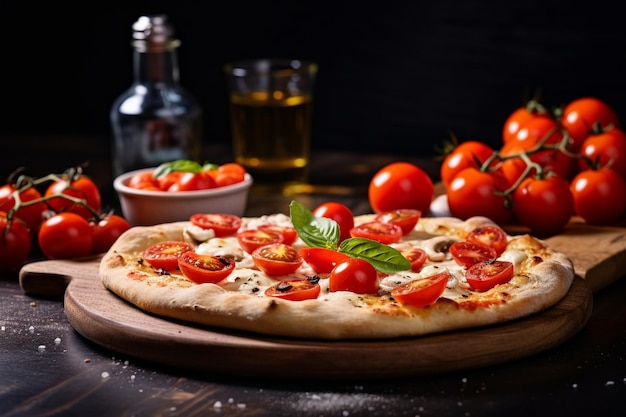 Heerlijke Napolitaanse pizza aan boord met kersen tomaten.