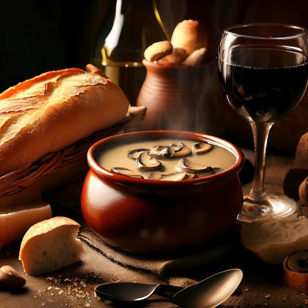 Foto heerlijke paddenstoelsoep met brood en wijn.