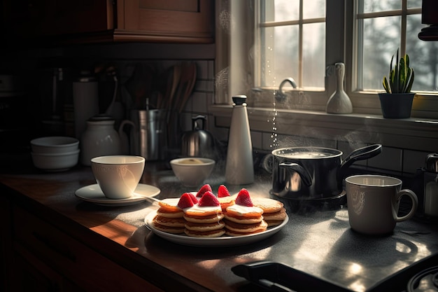 Heerlijke pannenkoeken met aardbeien slagroom en koffie generatieve IA