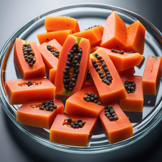 heerlijke papaya vruchten in kleine kubussen gesneden op een glazen plaat geïsoleerd in witte papier achtergrond