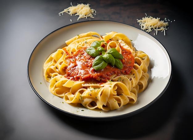 Heerlijke pasta met saus op donkere achtergrond Perfect voor eten en Italiaanse keuken thema's