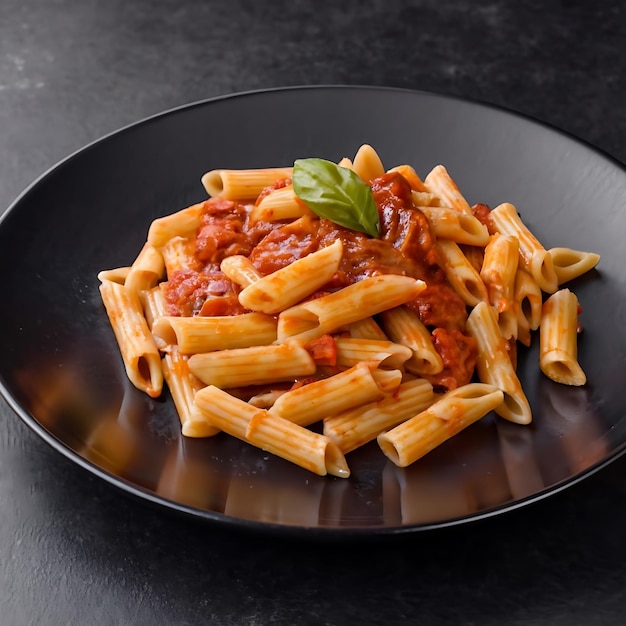 Heerlijke pasta met saus op donkere achtergrond Perfect voor eten en Italiaanse keuken thema's