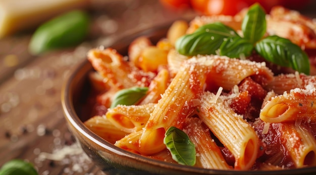 Foto heerlijke pasta met tomatensaus en verse basilicum.
