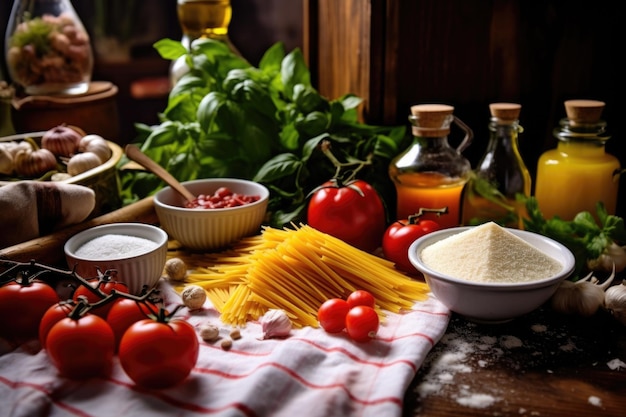 Foto heerlijke pasta op tafel met ingrediënten.