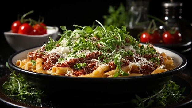 Heerlijke Penne Pasta Tomatensaus Met Vlees Tomaten En Decoratie