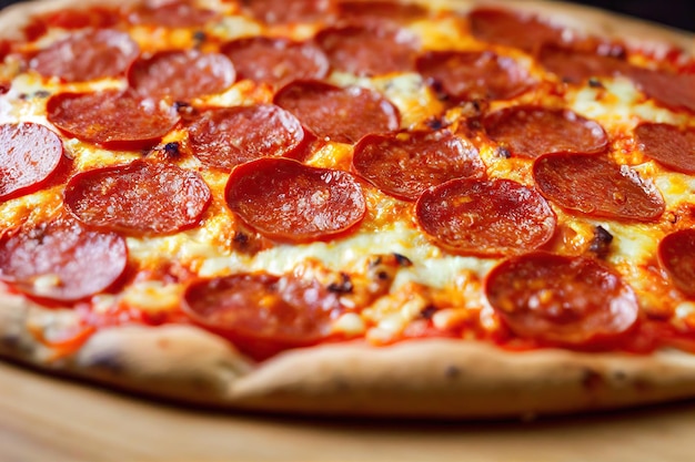 Heerlijke pepperoni pizza op luchtig deeg met gesmolten kaas en tomaten