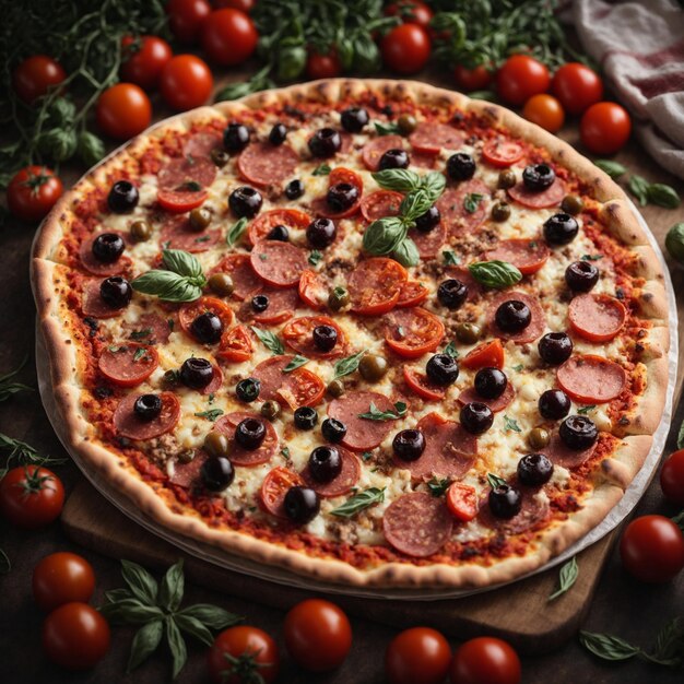 Foto heerlijke pizza gevuld met tomaten salami en olijven