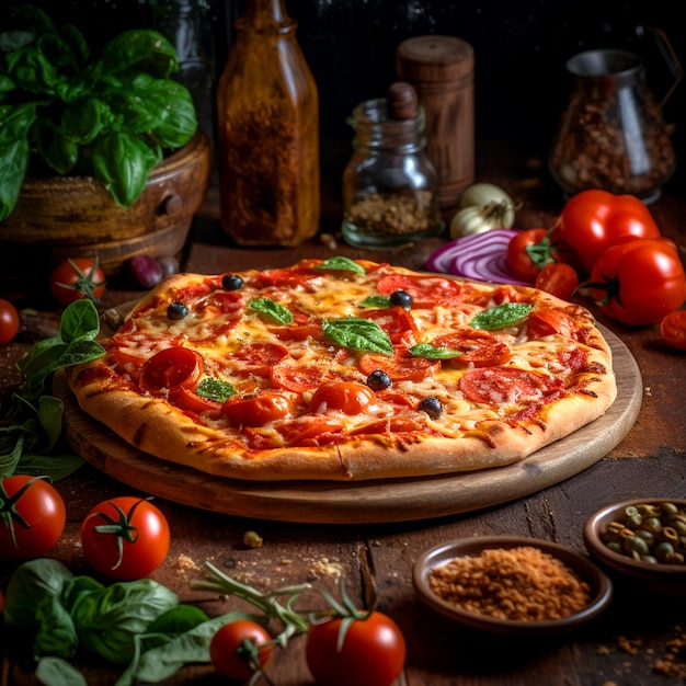 Heerlijke pizza met kaastomaten op een houten bord