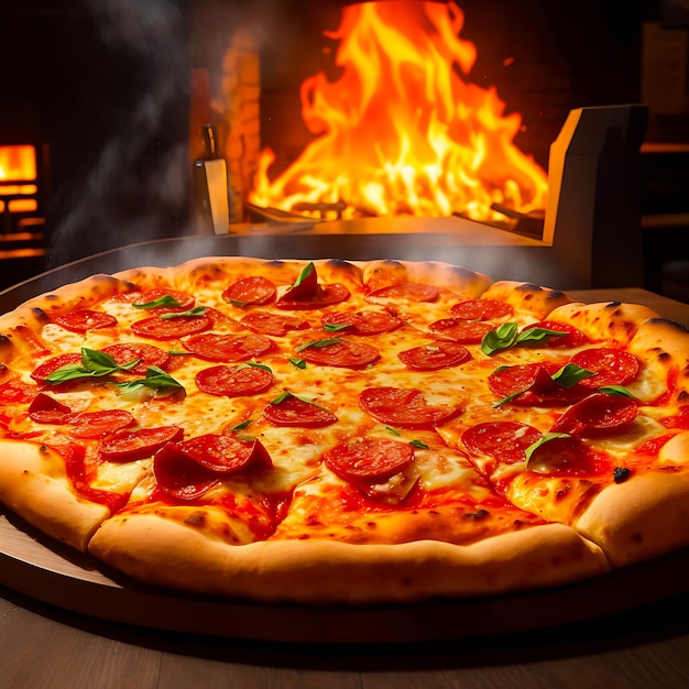 Heerlijke pizza met tomaten, citroen en peper, donkere achtergrond met een gegenereerd vuureffect