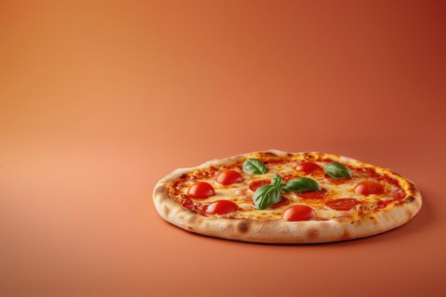 Foto heerlijke pizza met tomaten en basilicum op rode achtergrond