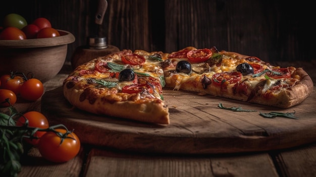 Foto heerlijke pizza op een houten plank met zwarte achtergrond