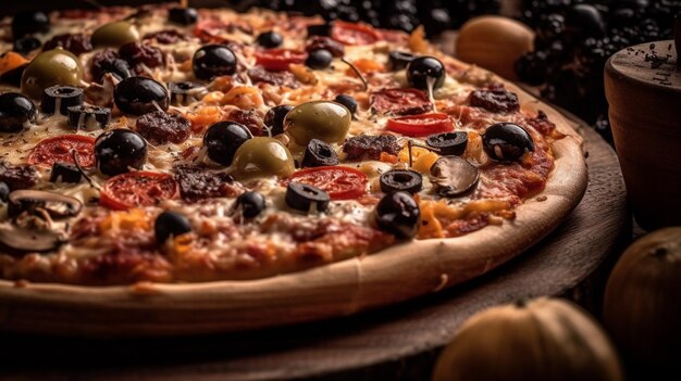 Foto heerlijke pizza op een houten plank met zwarte achtergrond