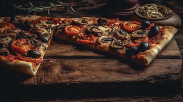 Heerlijke pizza op een houten plank met zwarte achtergrond