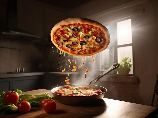 Heerlijke pizza's vliegen uit de pan in de lucht in de keuken.