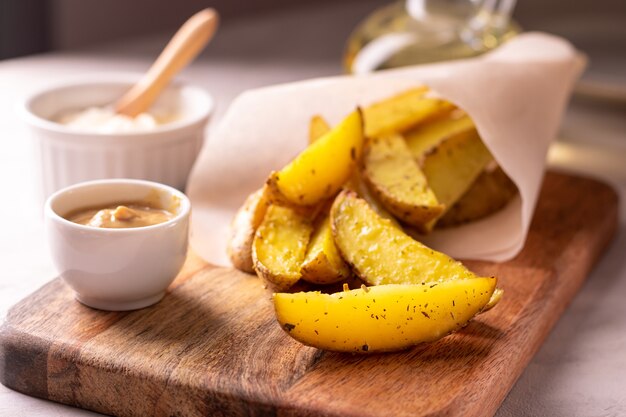 Heerlijke plakjes gebakken aardappelen met rozemarijn en olie