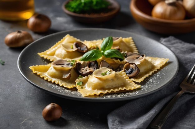 Heerlijke ravioli met paddenstoelen geserveerd op een grijze tafel close-up