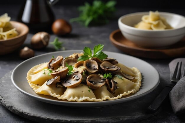 Heerlijke ravioli met paddenstoelen geserveerd op een grijze tafel close-up