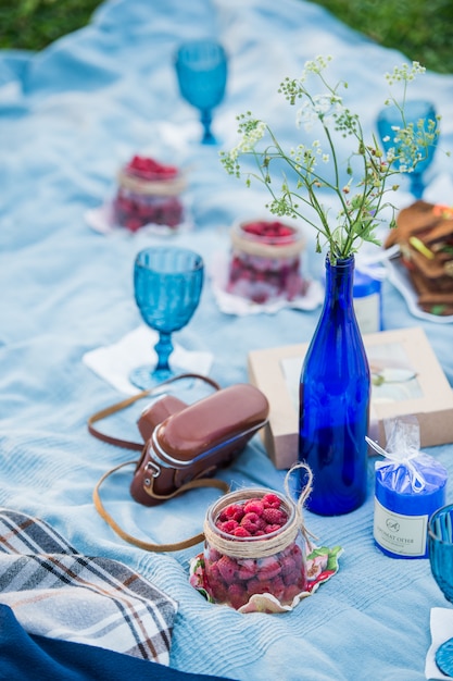 Heerlijke rode frambozen die in een kleine kruik tijdens picknick in park in openlucht leggen