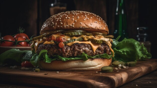 Foto heerlijke rundvleesburger op een houten plank met zwarte achtergrond