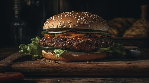 Heerlijke rundvleesburger op een houten plank met zwarte achtergrond