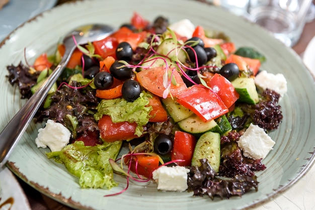 Heerlijke salade op plaat close-up. Eten en restaurantconcept