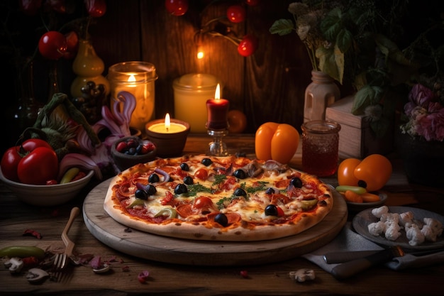 Heerlijke Salami Pizza op houten tafel met decoraties