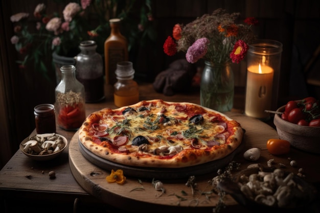 Heerlijke Salami Pizza op houten tafel met decoraties