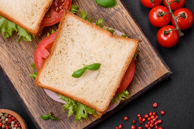 Heerlijke sandwich met toast, ham, tomaten, kaas en sla met zoute specerijen en kruiden op een donkere betonnen achtergrond