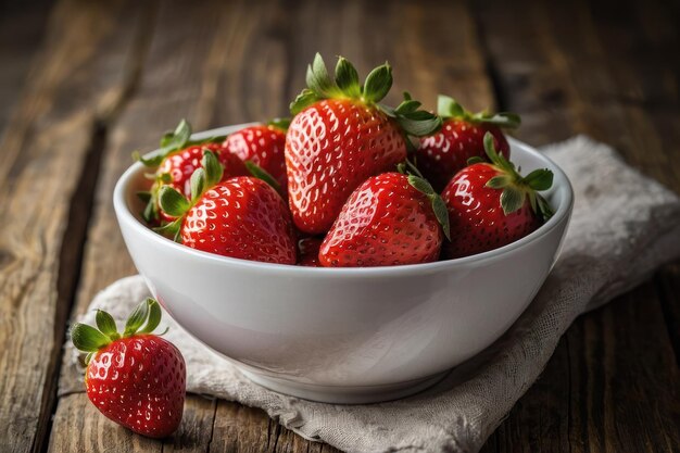 Heerlijke sappige aardbeien in een witte schaal op een roze tafel.