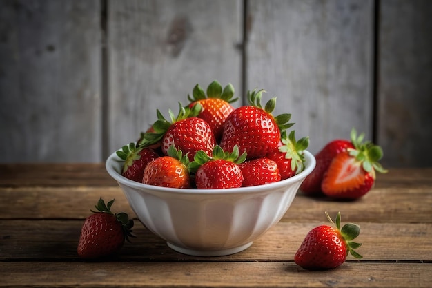 Heerlijke sappige aardbeien in een witte schaal op een roze tafel.