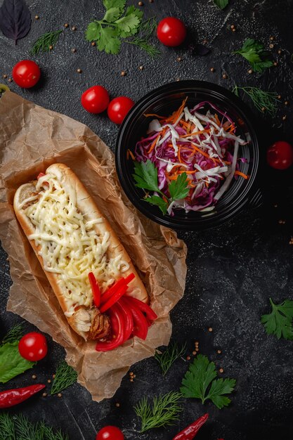 Heerlijke sappige hotdog met kaassaus, tomaat en verse kruiden in assortiment, sandwich op het menu van een fastfoodrestaurant op een donkere stenen tafel. Gezonde optie van fast food.