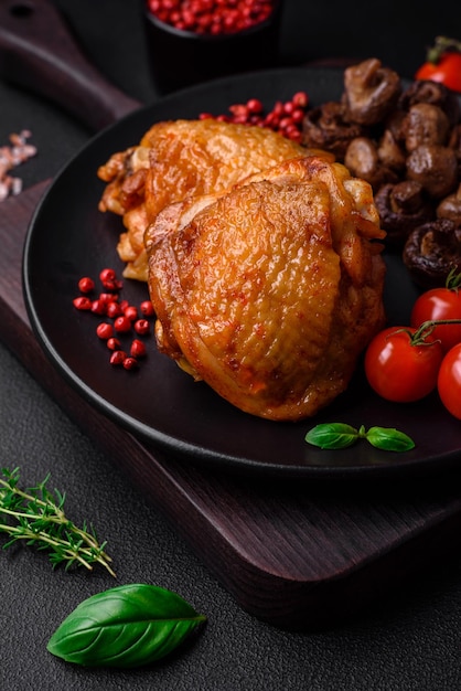 Heerlijke sappige kippendijen gebakken met zoute specerijen en kruiden in een keramisch bord