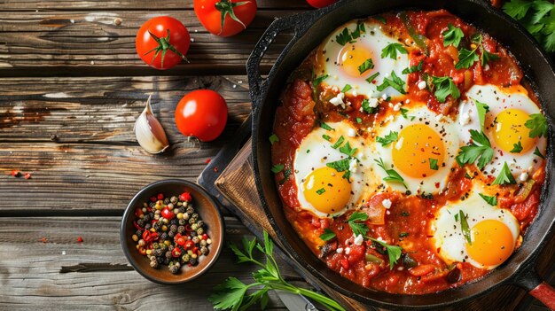 Heerlijke shakshuka met gepocheerde eieren in een gietijzeren pan