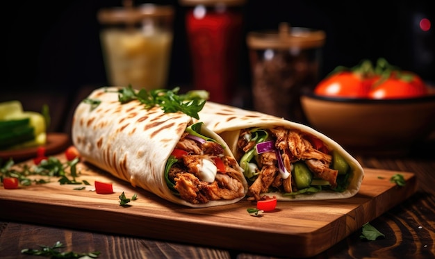 Heerlijke shoarma geserveerd op een houten plank in een rustieke omgeving Overheerlijke burrito met verse ingrediënten Gemaakt met generatieve AI-tools