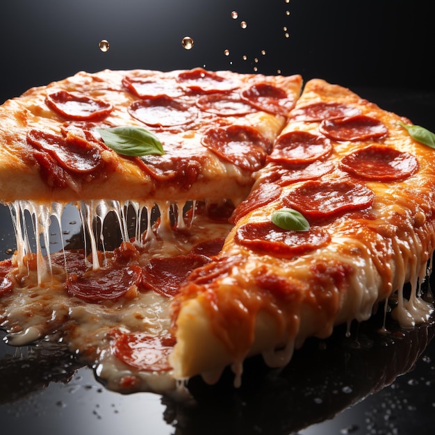 Heerlijke smakelijke plak Pepperoni Pizza Flying geïsoleerd op witte achtergrond