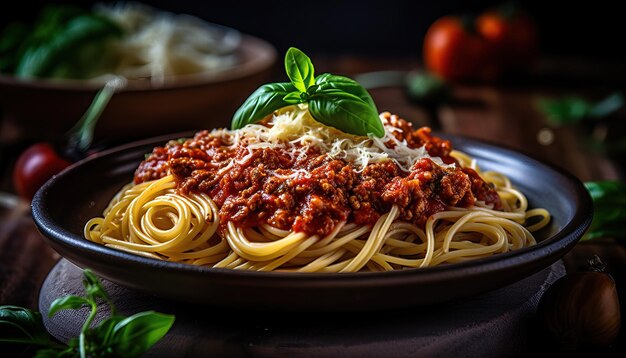 heerlijke spaghetti bolognese met perfect gekookte al dente pasta gegarneerd met rijke vlezige toma