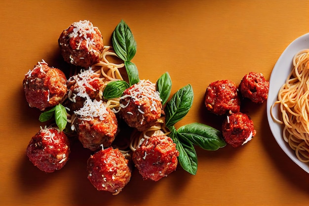 Heerlijke spaghetti en gehaktballen versierd met tomaten en verse slablaadjes