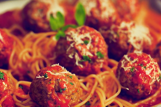 Heerlijke spaghetti en gehaktballetjes in tomatensaus bestrooid met geraspte kaas