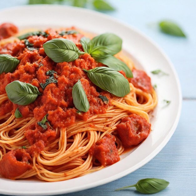 Heerlijke spaghetti met verse basilicum en rijke tomatensous geserveerd op een bord