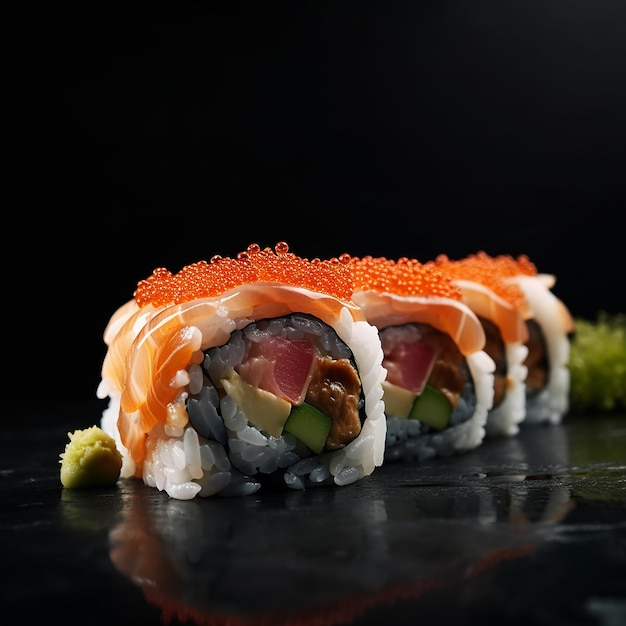 Heerlijke sushi en rollson een donkere achtergrond ai gegenereerd