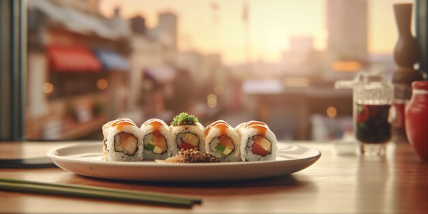Heerlijke sushibroodjes geserveerd op een bord Generatieve AI