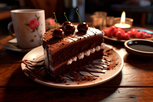 Heerlijke taart met chocolade op een houten tafel Zoet ontbijt AI gegenereerd