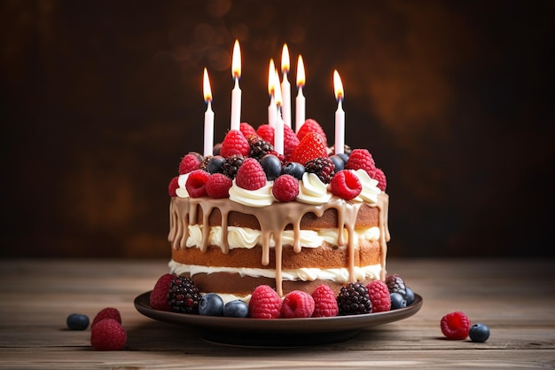 Heerlijke taart met verjaardags kaarsen.