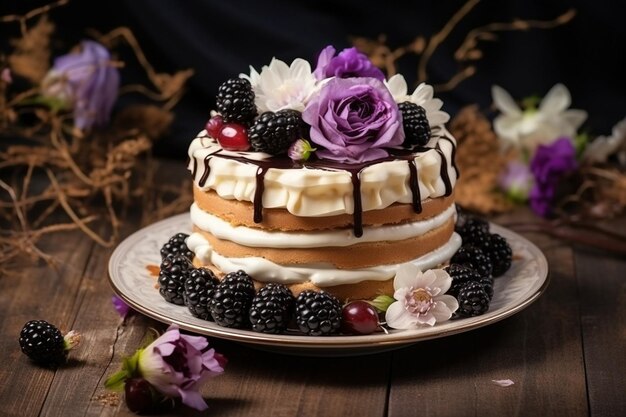 Heerlijke taart met witte en bruine chocolade swirling met bloemen en bruinbessen op een tafel