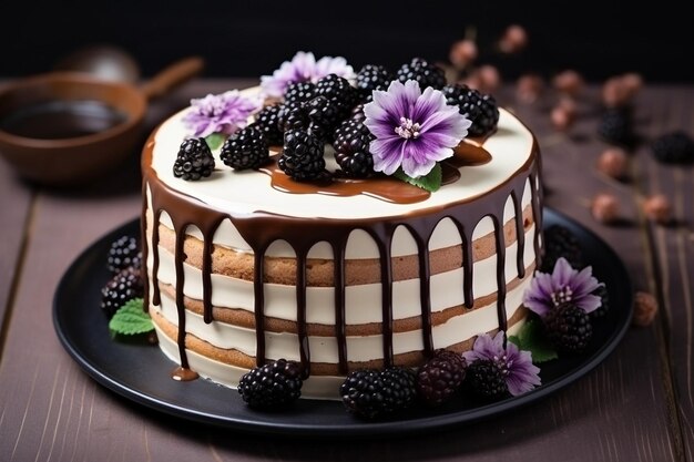 Heerlijke taart met witte en bruine chocolade swirling met bloemen en bruinbessen op een tafel