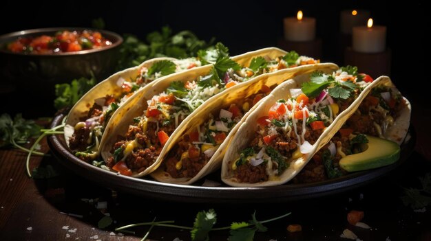 Heerlijke taco's gevuld met groenten en vlees op een bord met een wazige achtergrond