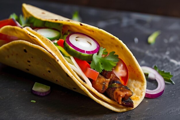 Heerlijke taco's met gebakken vlees, groenten en kaas op een witte houten tafel