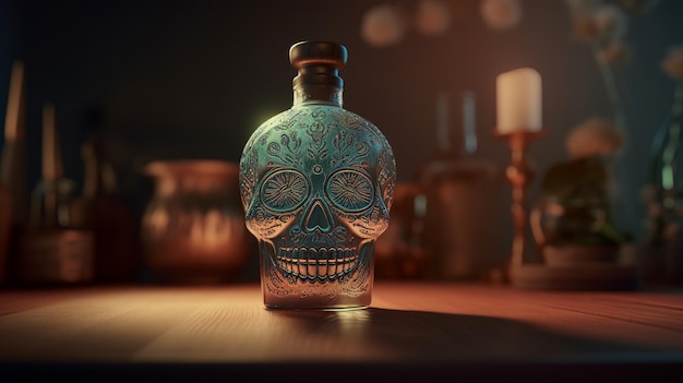 Heerlijke tequila in schedeltype fles staande op een calavera generatieve AI