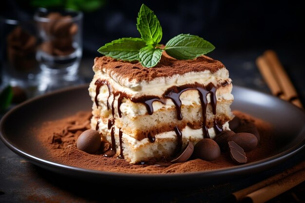 Heerlijke Tiramisu geserveerd op een bord met cacaopoeder Generative Ai