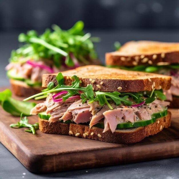 Heerlijke tonijn- en groentesandwiches op een frisse achtergrond Generatieve AI